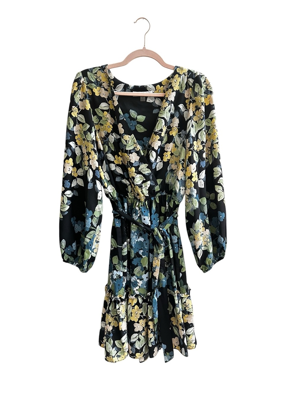 Floral V Neck Mini Dress in Black with Yellow and Blue Blossoms